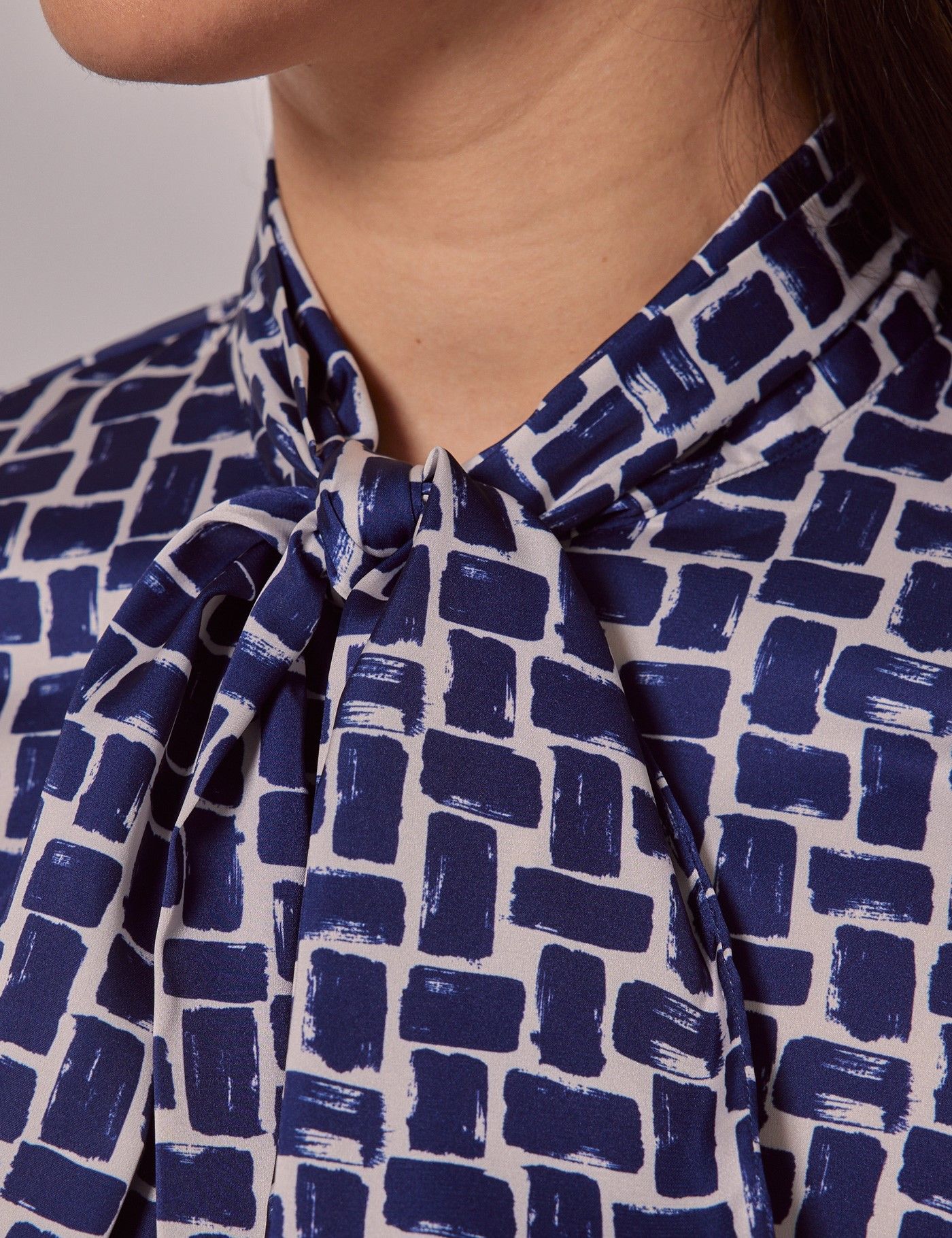 Navy & White Geometric Pussybow Blouse-preview