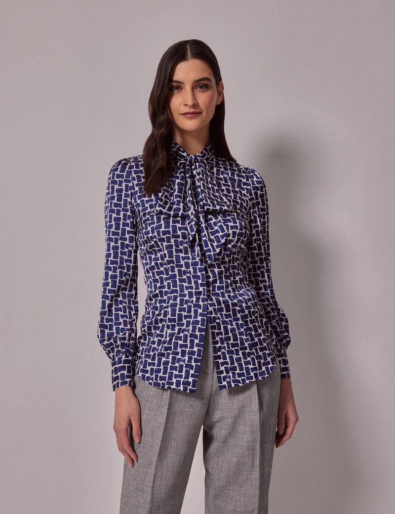 Women’s Navy & White Geometric Pussybow Blouse | Hawes & Curtis