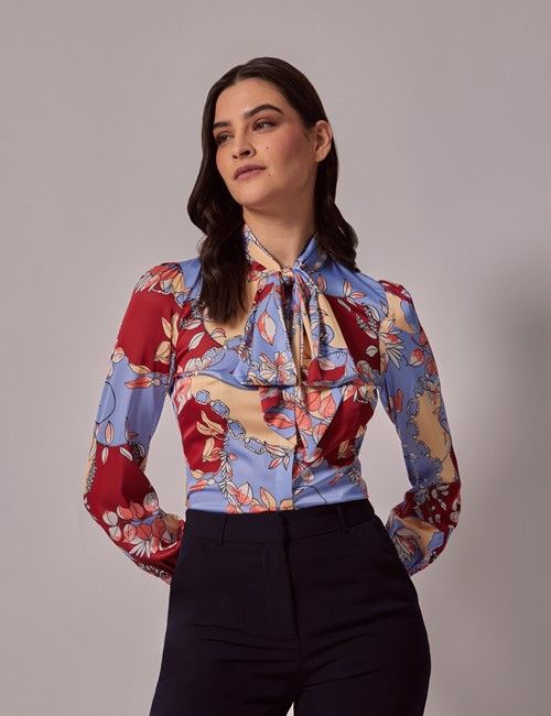 Light Blue & Red Floral Satin Pussybow Blouse