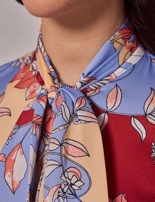 Light Blue & Red Floral Satin Pussybow Blouse-preview