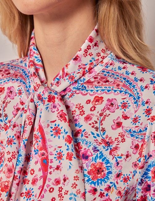 White & Pink Floral Paisley Satin Pussybow Blouse-preview