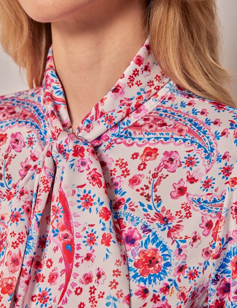 White & Pink Floral Paisley Pussybow Blouse-preview
