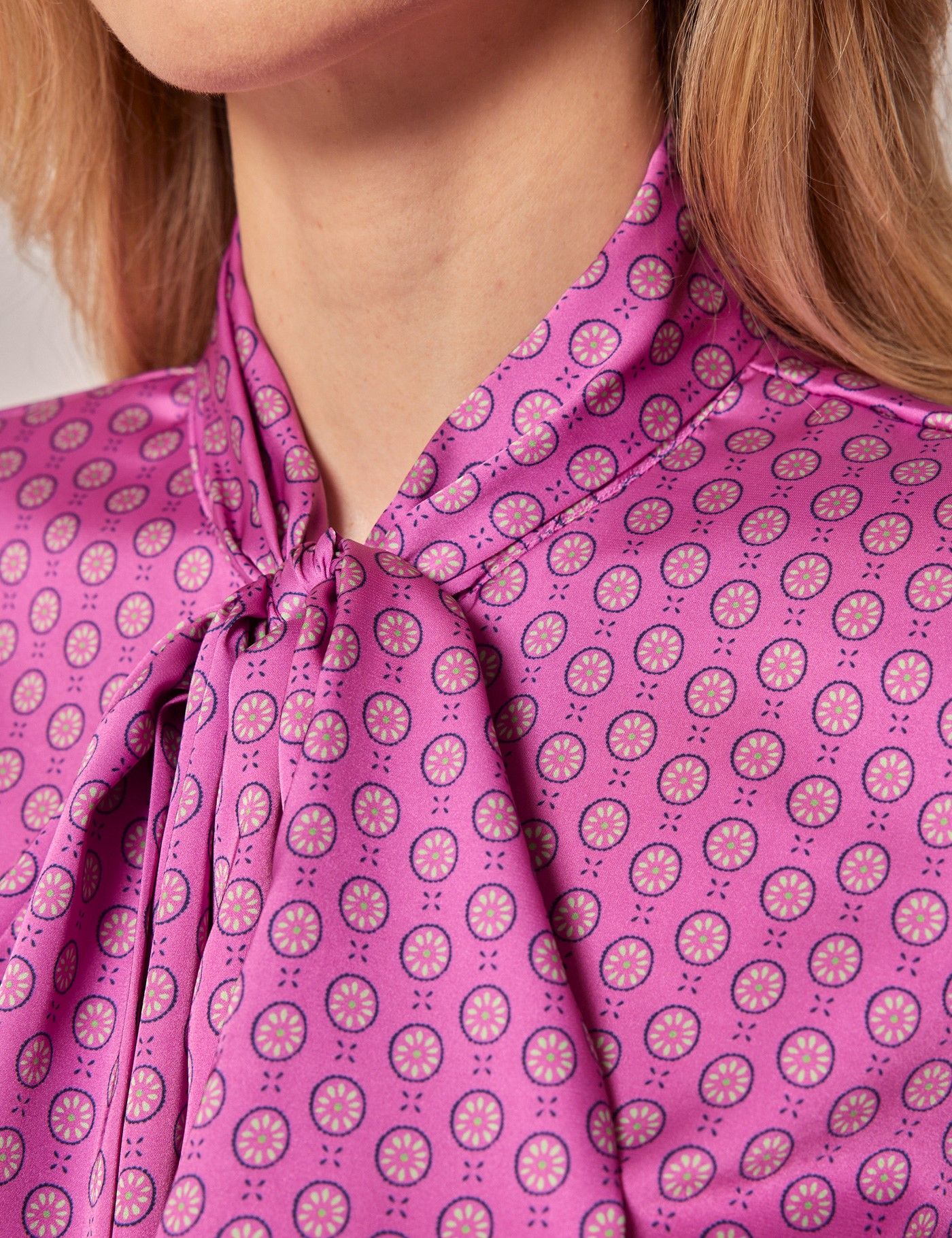 Pink & Green Flower Geo Satin Pussybow Blouse-preview