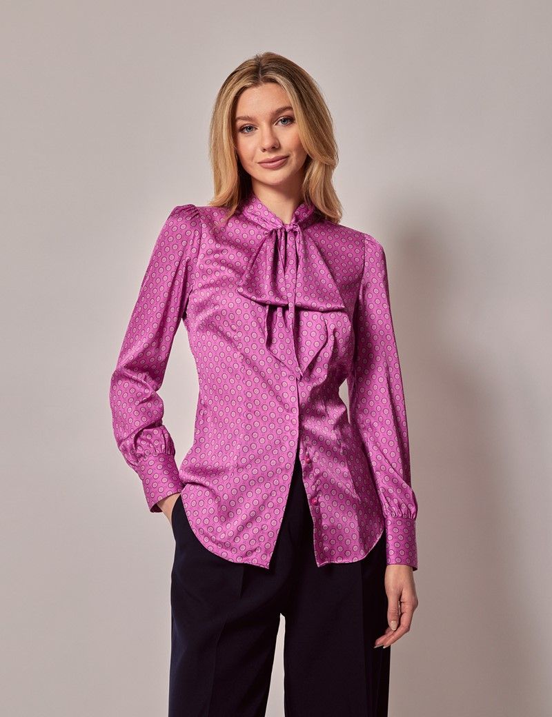 Women’s Pink & Green Flower Geo Satin Pussybow Blouse | Hawes & Curtis