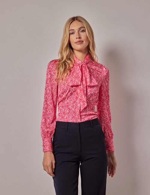 Pink & Red Abstract Print Satin Pussybow Blouse