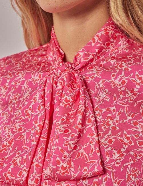 Pink & Red Abstract Print Satin Pussybow Blouse-preview