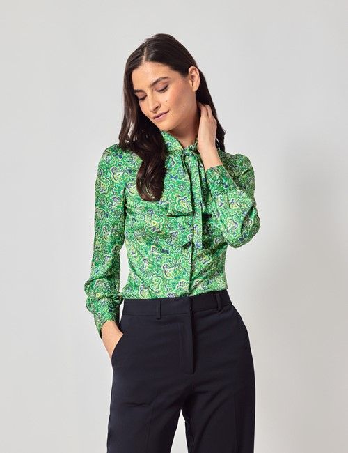 Green & Yellow Floral Satin Pussybow Blouse