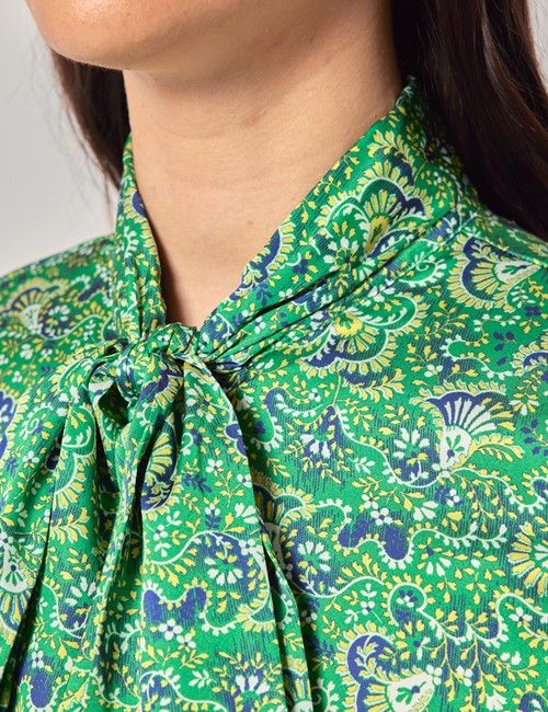 Green & Yellow Floral Satin Pussybow Blouse-preview