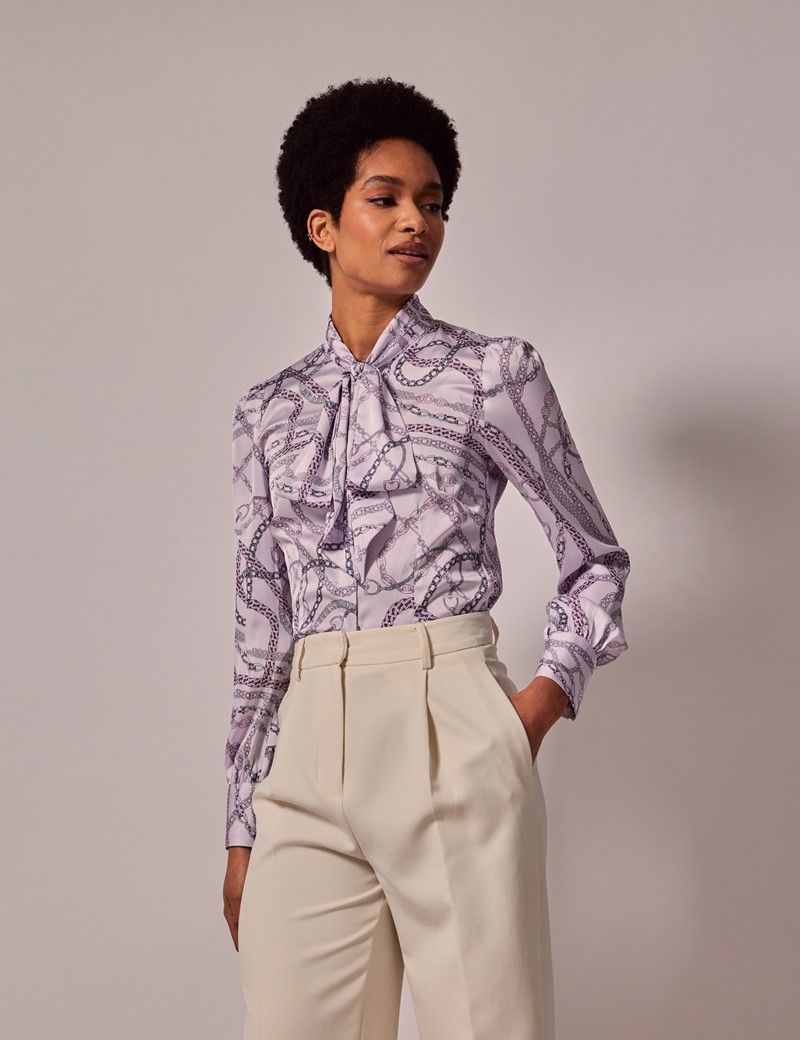 Women’s Lilac & Purple Chains Satin Pussybow Blouse | Hawes & Curtis