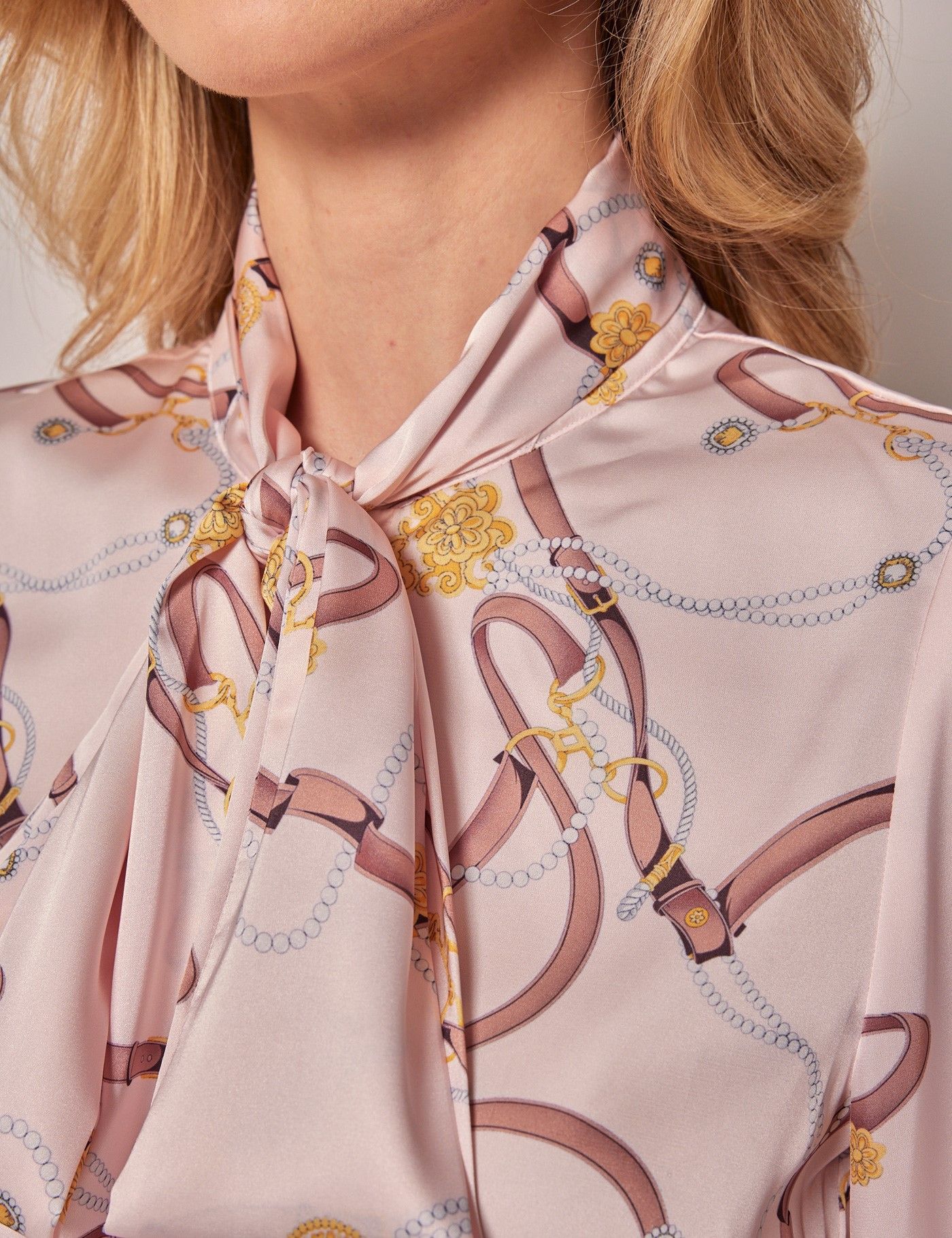 Pink & Brown Chain Pussybow Blouse-preview