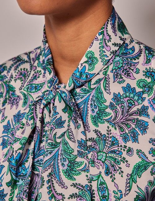 Cream & Green Vintage Paisley Satin Pussybow Blouse-preview