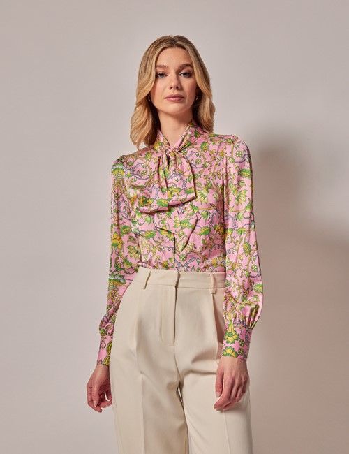 Pink & Green Floral Satin Pussybow Blouse