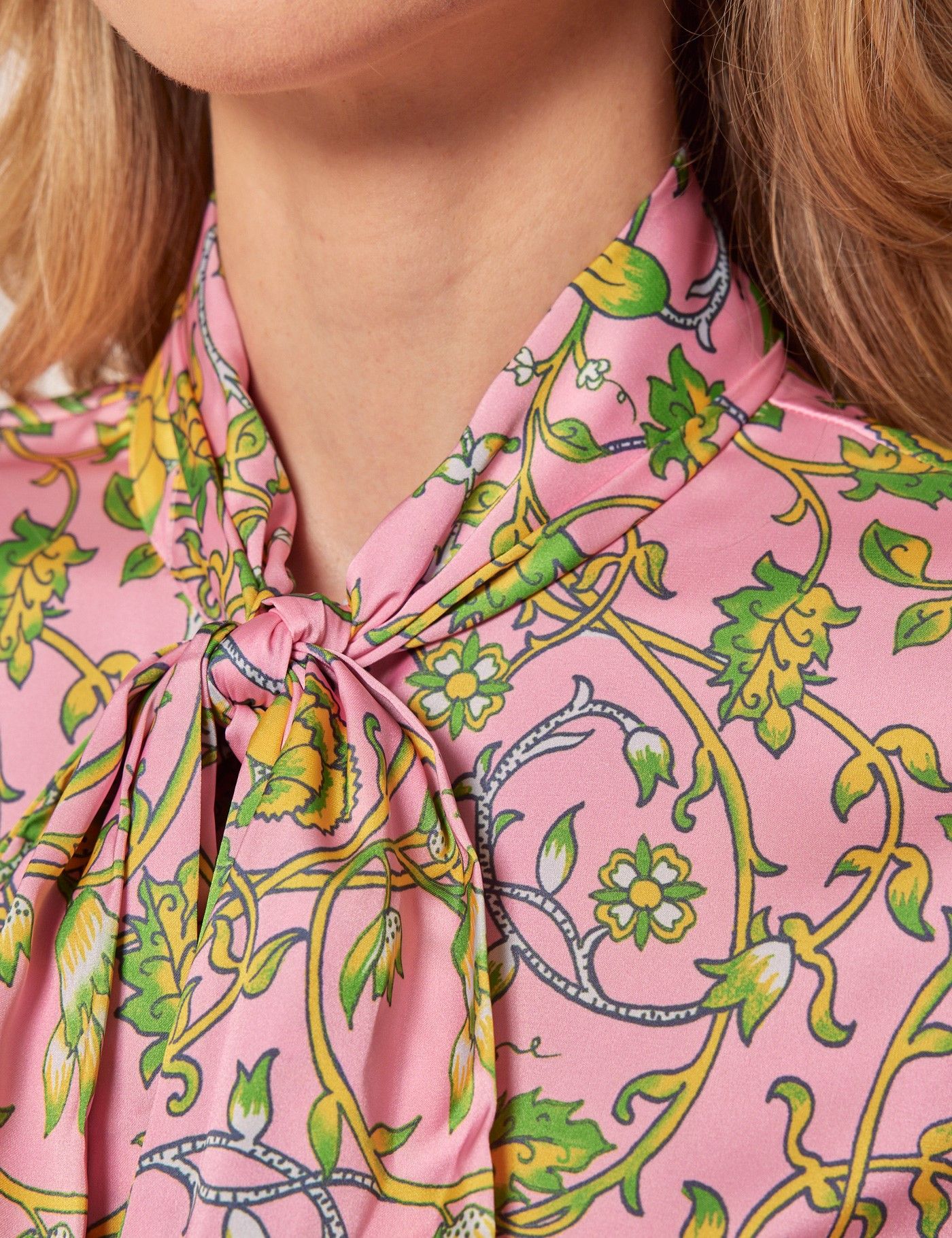 Pink & Green Floral Satin Pussybow Blouse-preview