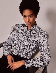 White & Black Leopard Spots Satin Pussybow Blouse