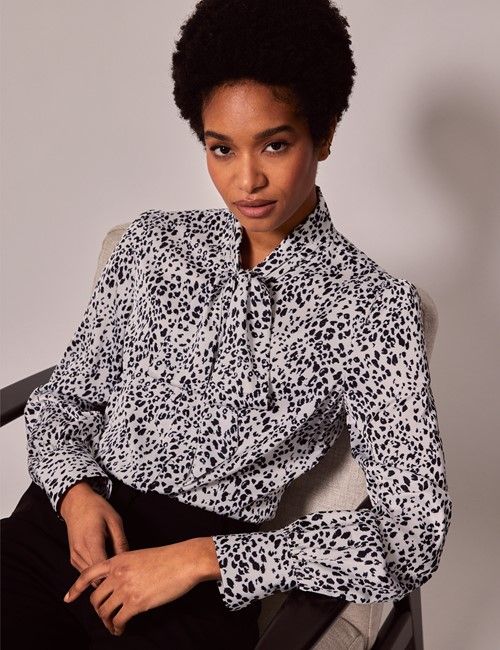 White & Black Leopard Spots Satin Pussybow Blouse