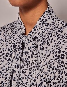 White & Black Leopard Spots Satin Pussybow Blouse-preview1