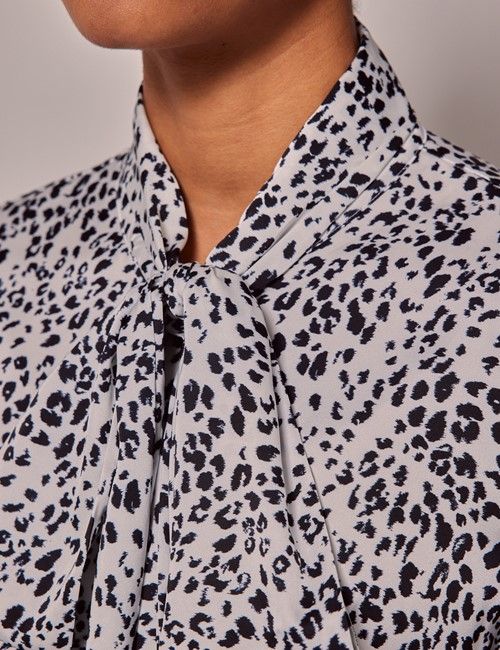White & Black Leopard Spots Satin Pussybow Blouse-preview