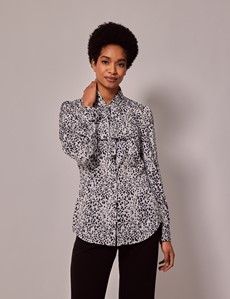 White & Black Leopard Spots Satin Pussybow Blouse-preview2