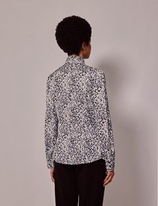 White & Black Leopard Spots Satin Pussybow Blouse-preview4