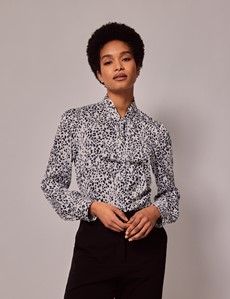 White & Black Leopard Spots Satin Pussybow Blouse-preview5