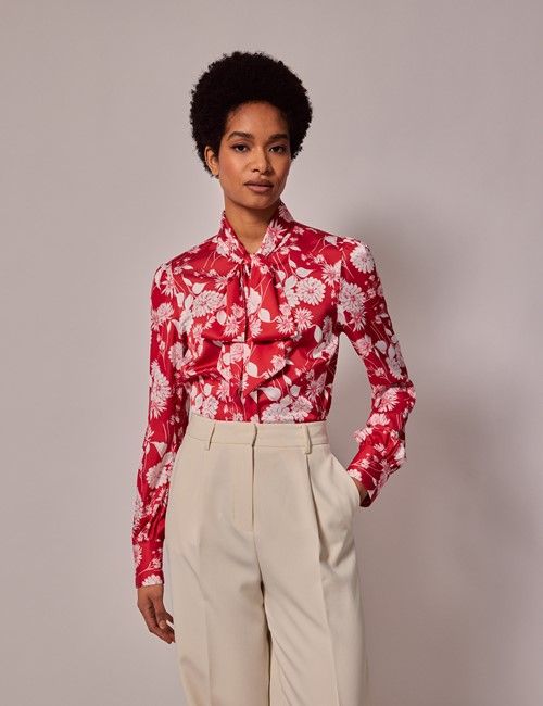 Red & White Floral Satin Pussybow Blouse