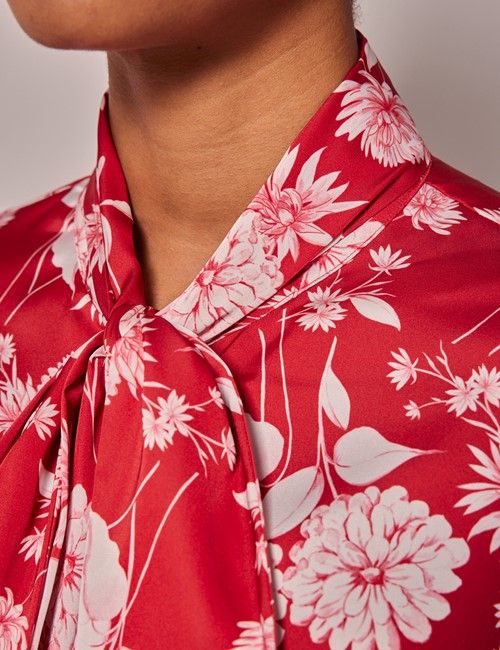 Red & White Floral Satin Pussybow Blouse-preview