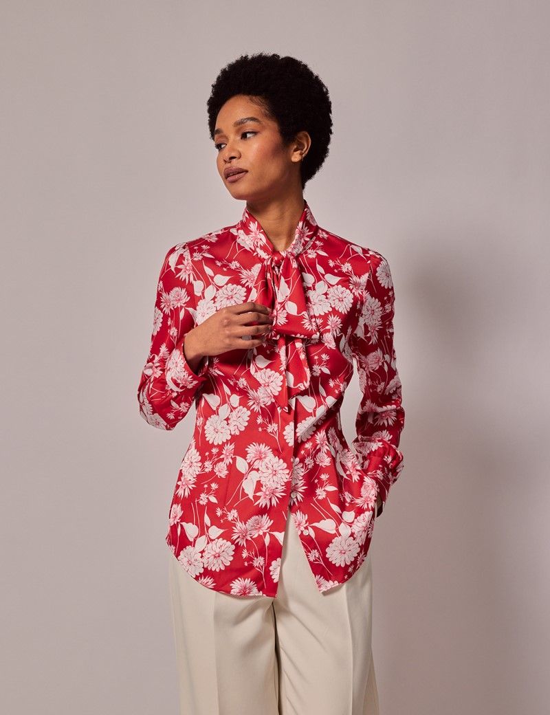 Women’s Red & White Floral Satin Pussybow Blouse | Hawes & Curtis