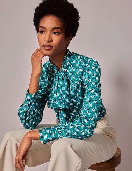 Green & White Geometric Satin Pussybow Blouse