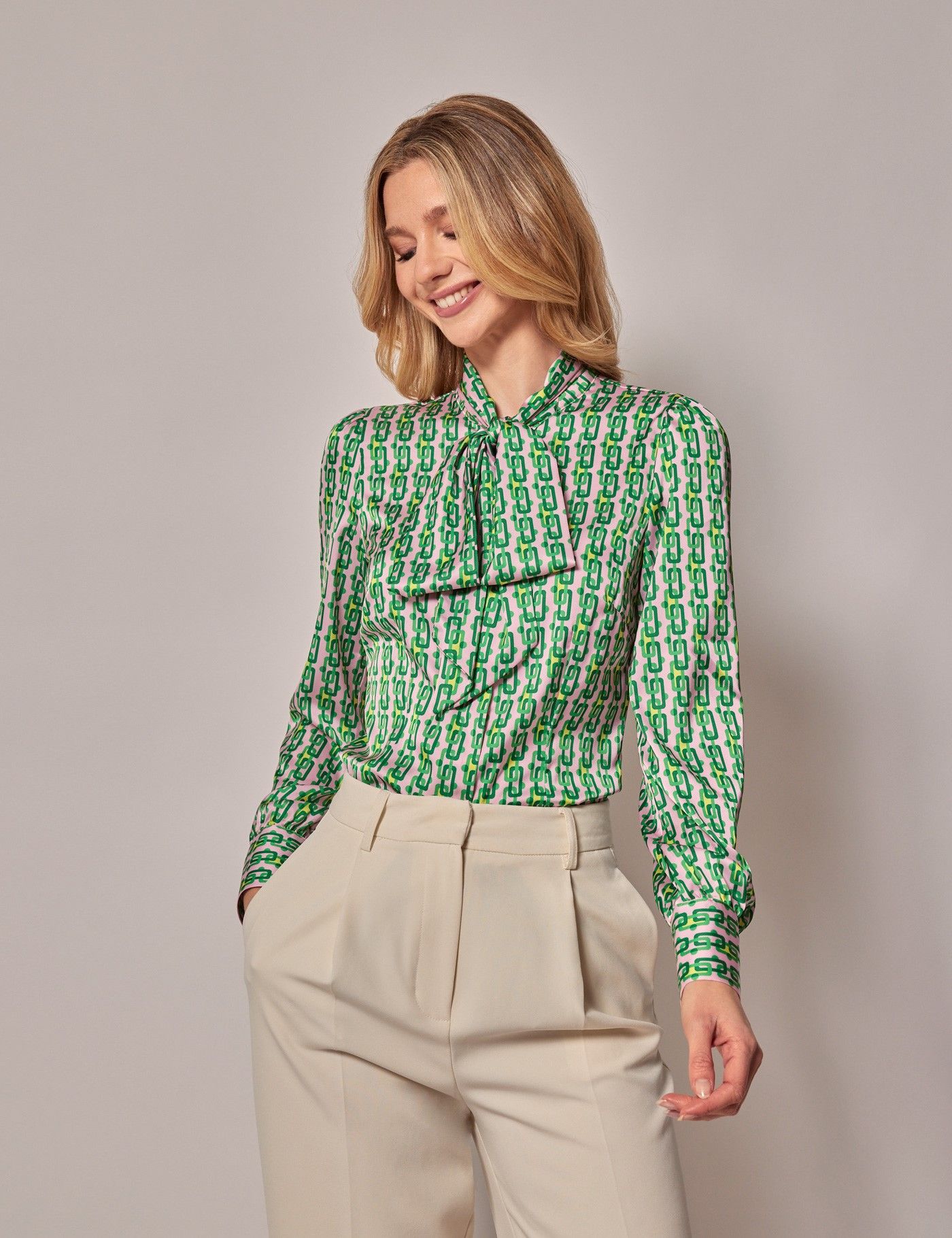 Pink & Green Geometric Chains Satin Pussybow Blouse