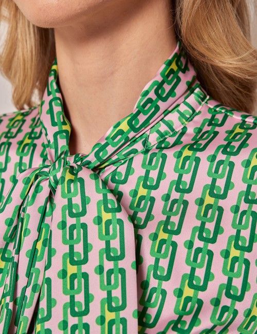 Pink & Green Geometric Chains Satin Pussybow Blouse-preview