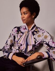 Navy & Purple Floral Satin Pussybow Blouse