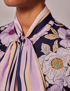 Navy & Purple Floral Satin Pussybow Blouse-preview1