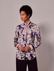 Navy & Purple Floral Satin Pussybow Blouse-preview2