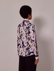 Navy & Purple Floral Satin Pussybow Blouse-preview4