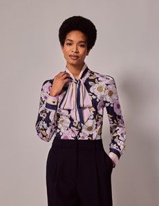 Navy & Purple Floral Satin Pussybow Blouse-preview5