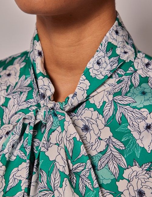 Green & White Peonies Satin Pussybow Blouse-preview