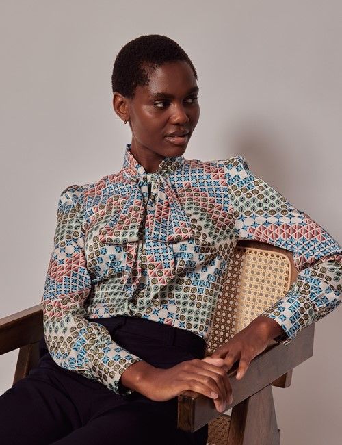 Cream & Green Geometric Satin Pussybow Blouse