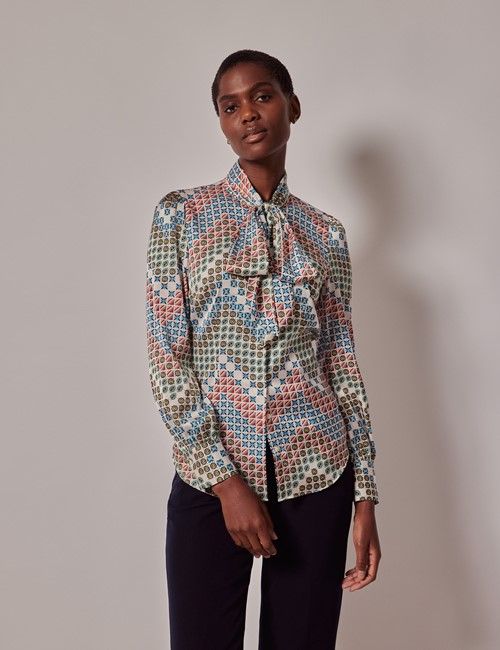 Cream & Green Geometric Satin Pussybow Blouse-preview