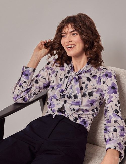 Pink & Black Floral Satin Pussybow Blouse