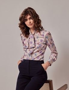 Cream & Purple Floral Satin Pussybow Blouse
