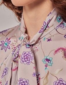 Cream & Purple Floral Satin Pussybow Blouse-preview1