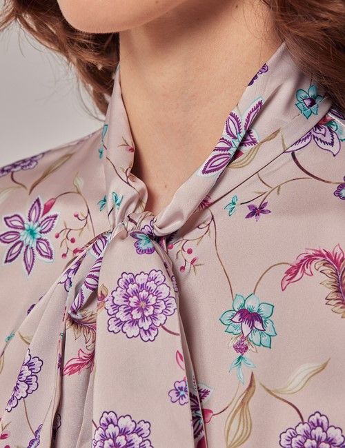 Cream & Purple Floral Satin Pussybow Blouse-preview