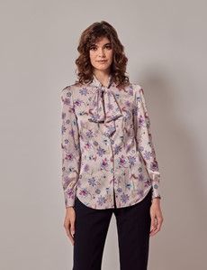 Cream & Purple Floral Satin Pussybow Blouse-preview2