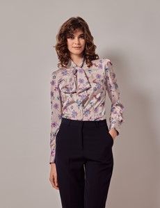 Cream & Purple Floral Satin Pussybow Blouse-preview5