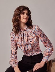 Cream & Blue Brushstrokes Pussybow Blouse