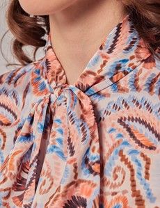 Cream & Blue Brushstrokes Pussybow Blouse