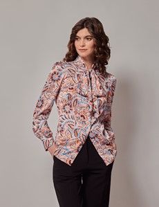 Cream & Blue Brushstrokes Pussybow Blouse
