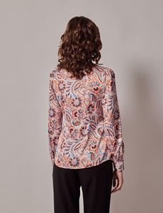 Cream & Blue Brushstrokes Pussybow Blouse