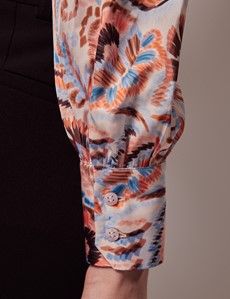 Cream & Blue Brushstrokes Pussybow Blouse