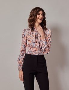 Cream & Blue Brushstrokes Pussybow Blouse